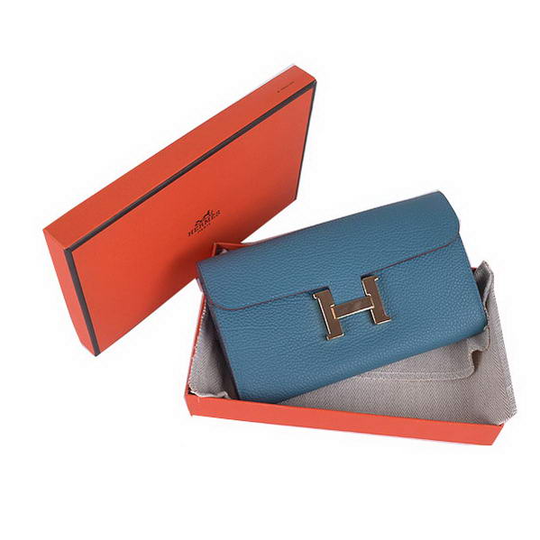 Cheap Fake Hermes Constance Long Wallets Blue Calfskin Leather Gold